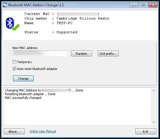 Bluetooth MAC Address Changer 1 ล่าสุด.203b โปรแกรมเปลี่ยน MAC Address ของ Bluetooth