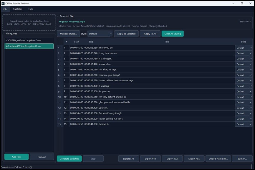 Offline Subtitle Studio AI 1 ล่าสุด โปรแกรมเจนซับอัตโนมัติ แปลงไฟล์ SRT และฝังซับลงวิดีโอ ด้วย AI ออฟไลน์ 100%