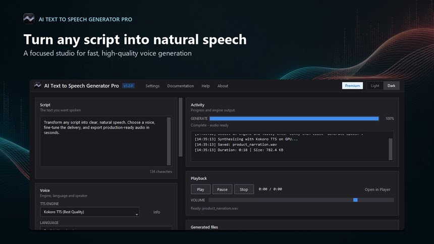 AI Text To Speech Generator Pro 1 ล่าสุด โปรแกรมแปลงข้อความเป็นเสียงพูดด้วย AI ออฟไลน์