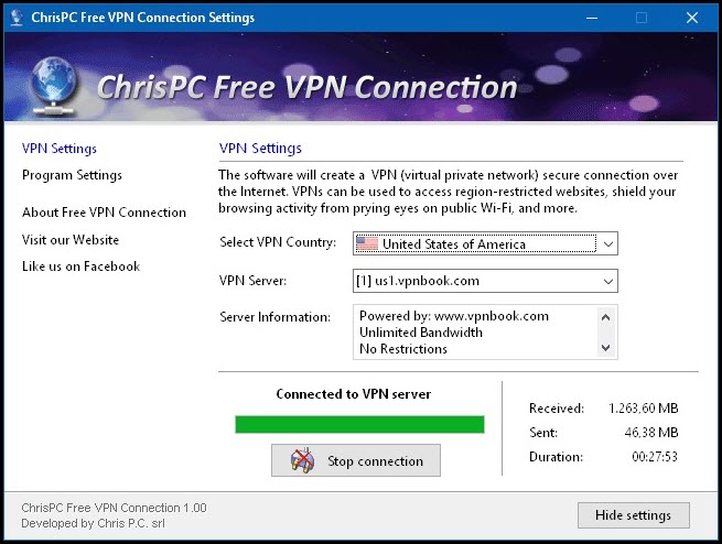 ChrisPC Free VPN Connection 4 ล่าสุด โปรแกรมเชื่อมต่อ VPN ฟรีเพื่อการเข้าถึงเว็บไซต์ไร้ขีดจำกัด