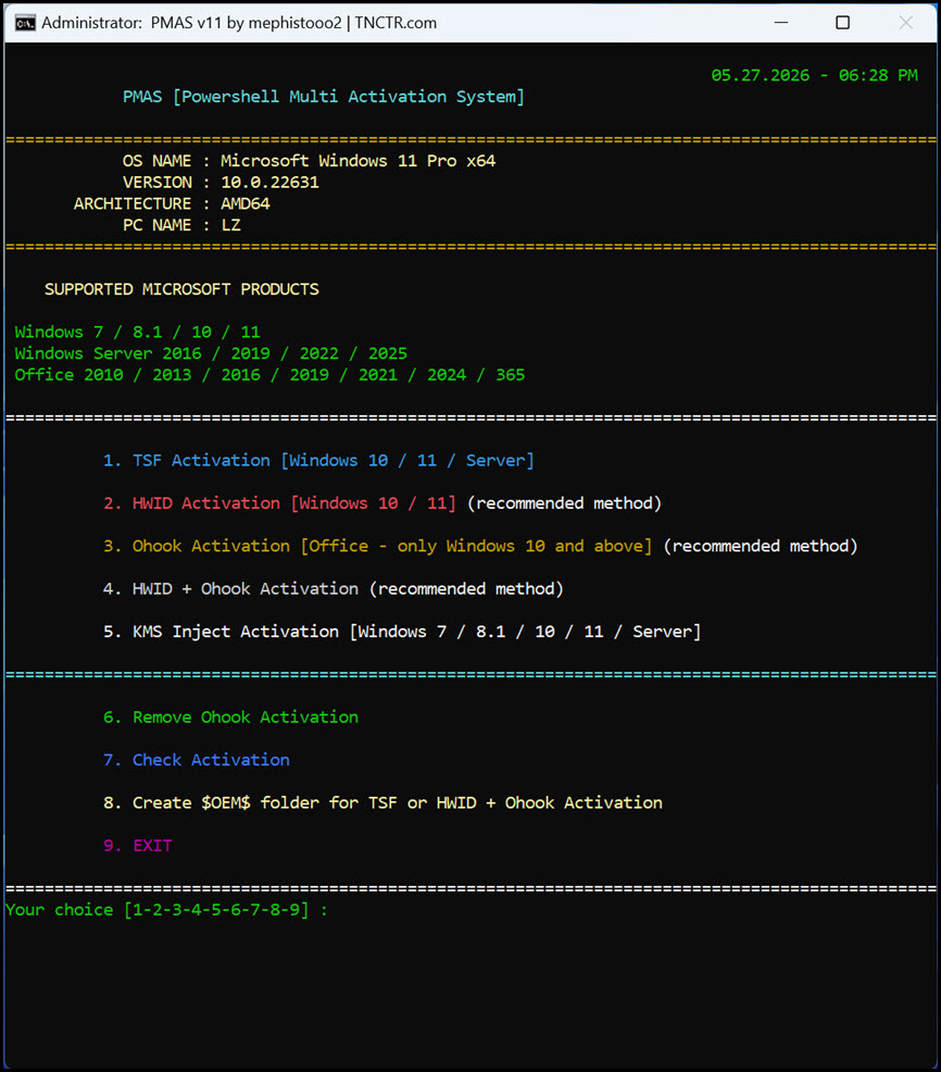 PMAS – PowerShell Multi Activation System 12.0 โปรแกรมเปิดใช้งาน Windows และ Office ลิขสิทธิ์แท้