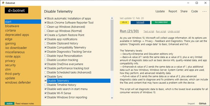 Debotnet 0 ล่าสุด โปรแกรมตั้งค่า Privacy Setting ขั้นสูง Win 10 ฟรี
