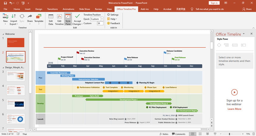 Office Timeline 14 ล่าสุด ปลั๊กอิน PowerPoint สำหรับสร้างแผนภูมิ โปรแกรม