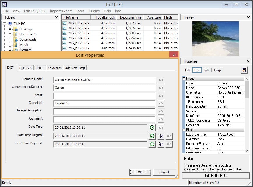 Exif Pilot 6 ล่าสุด โปรแกรมแก้ไข EXIF, IPTC , XMP และอื่นๆ