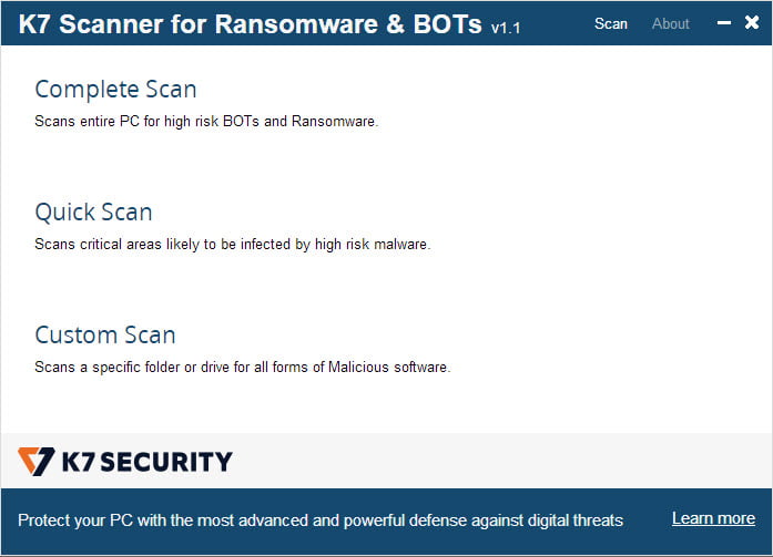K7 Scanner for Ransomware & ล่าสุด; BOTs 1 โปรแกรมสแกนไวรัส Ransomware