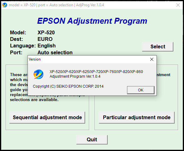 โปรแกรมเคลียร์ซับหมึก Epson XP-520 XP-620 XP-720 XP-760 XP-820 XP-860 (EURO) ฟรี