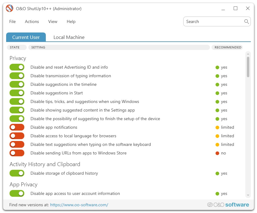 OO& ล่าสุด;O ShutUp10++ โปรแกรมปิดระบบติดตามและปกป้องความเป็นส่วนตัวบน Windows